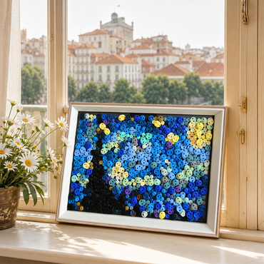 Starry Night Button Art featured as unique home decor in a stylish living room