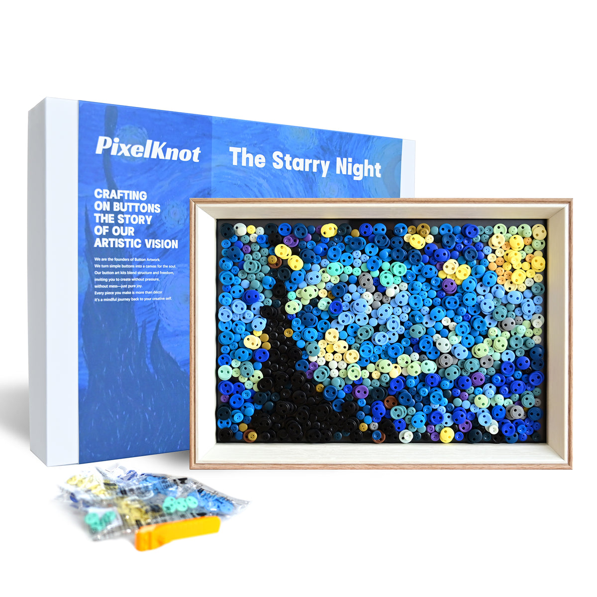 Starry Night Button Art DIY kit packaging with included craft supplies and framing components