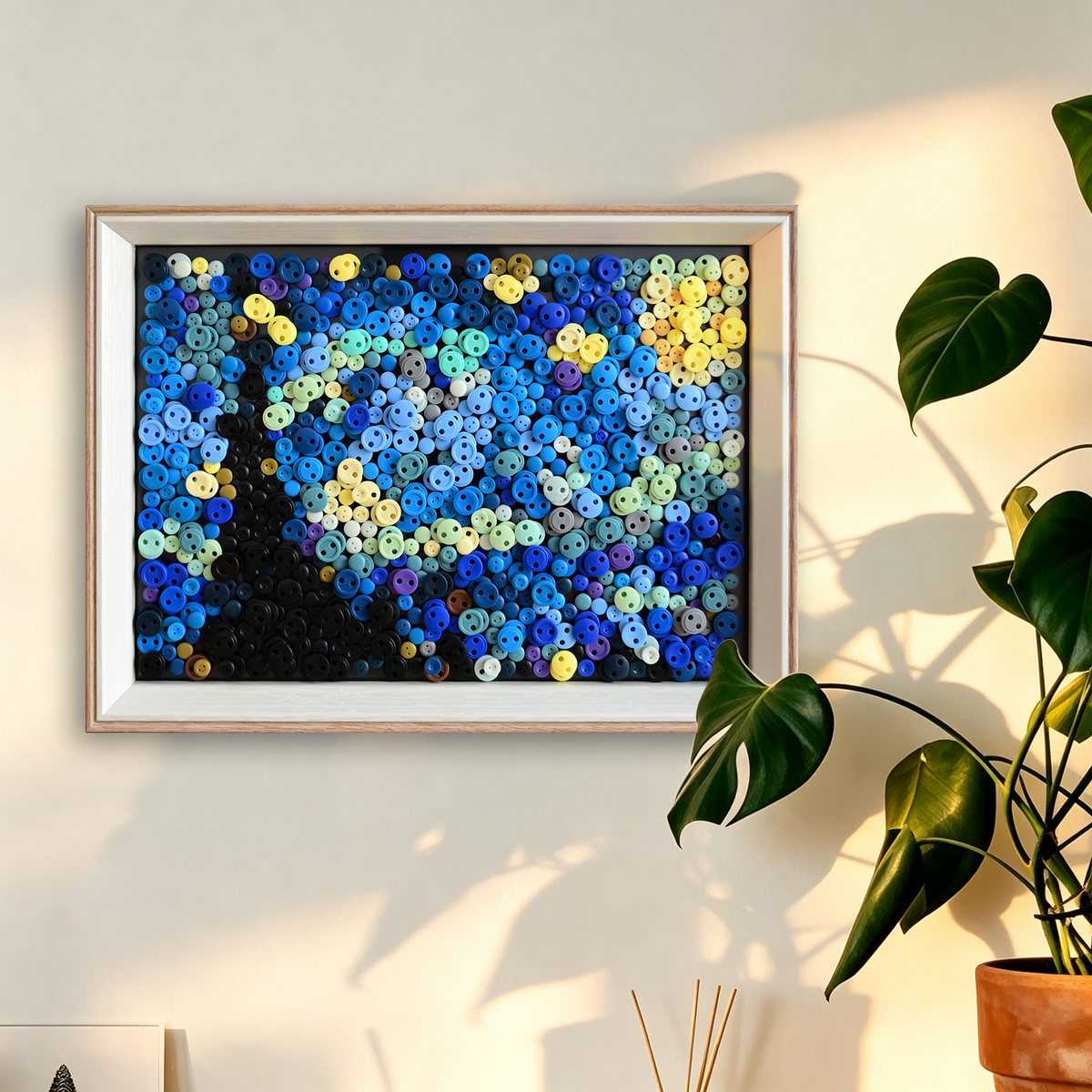Starry Night Button Art displayed as creative wall decor in a modern home office