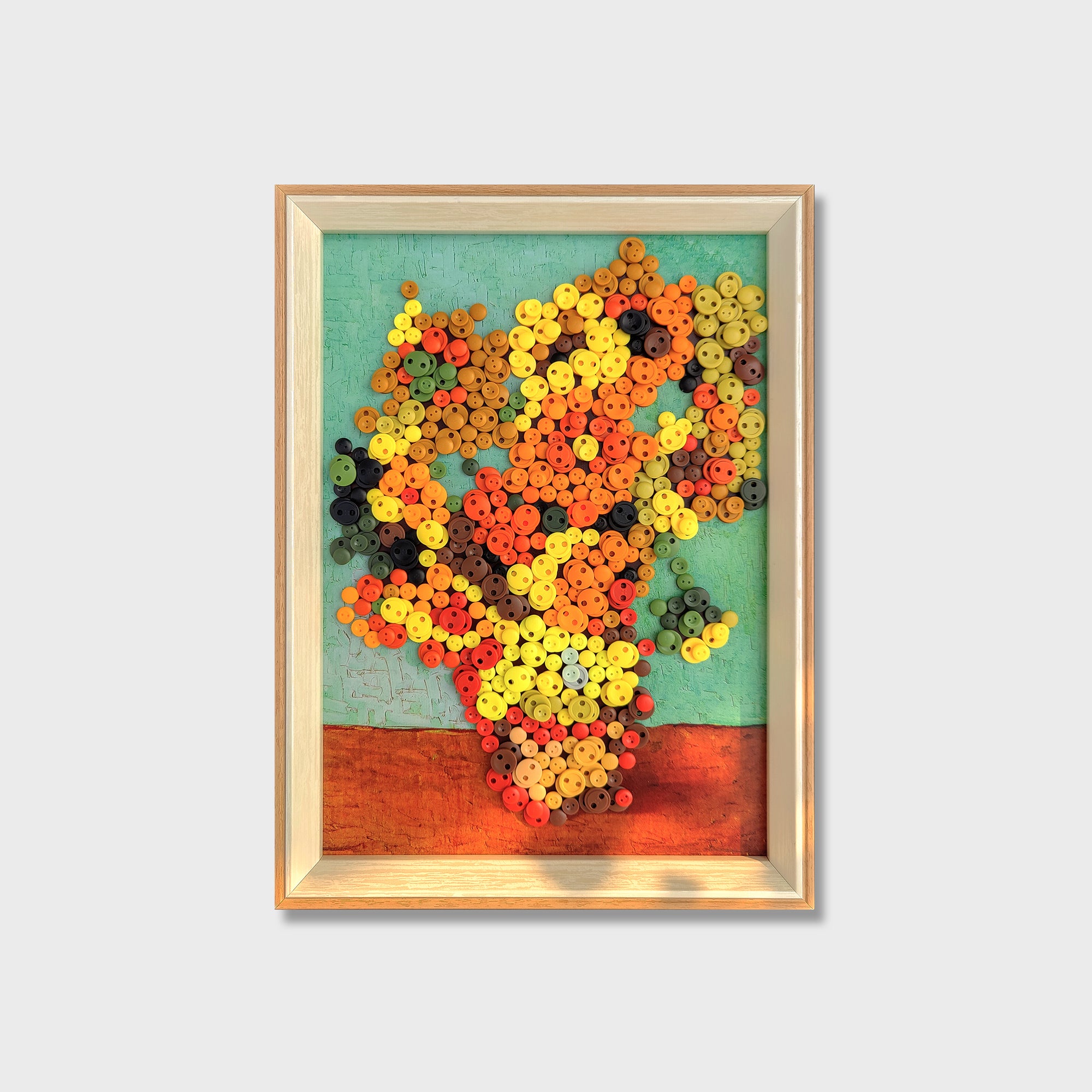 Van Gogh Sunflowers button art kit featuring a textured reproduction of the iconic sunflower painting