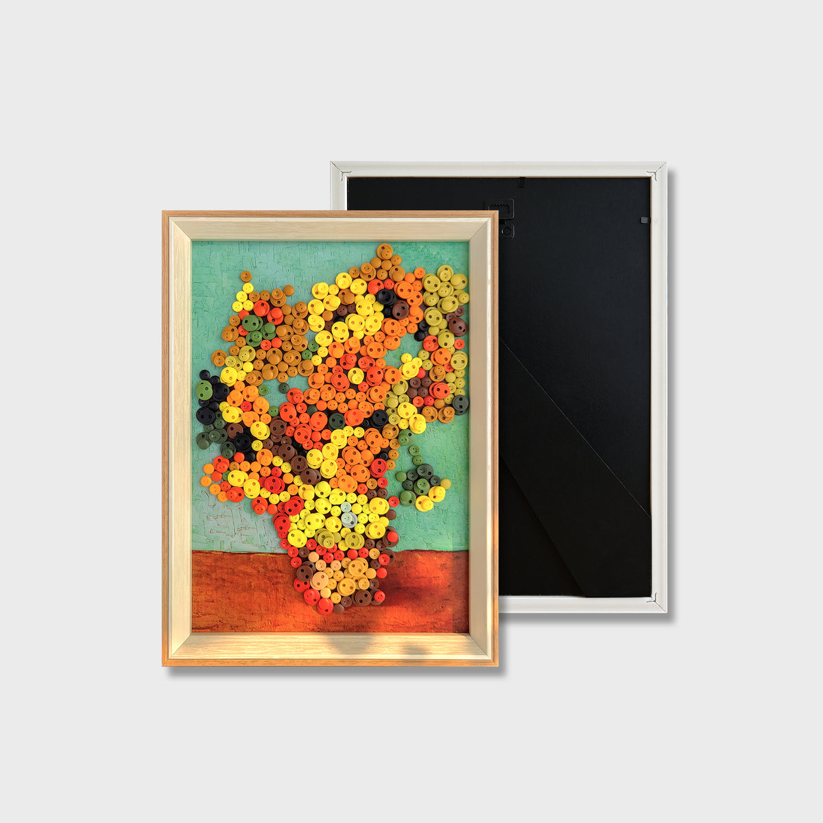 Finished Van Gogh Sunflowers button art featuring a textured sunflower painting inspired by Vincent van Gogh