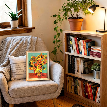 Van Gogh Sunflowers textured wall art displayed in a stylish home interior