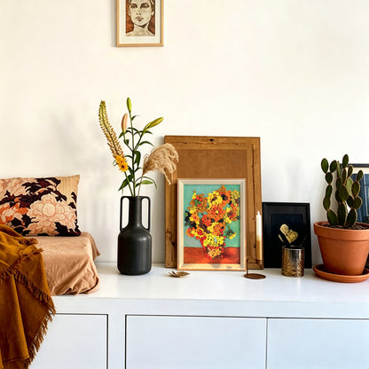 Van Gogh Sunflowers button art displayed as unique floral wall decor in a modern interior