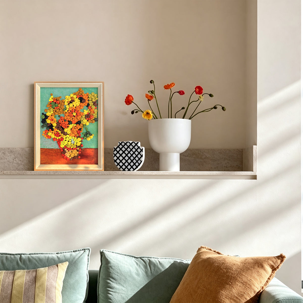 Van Gogh Sunflowers button art displayed as classic wall decor in a cozy living room