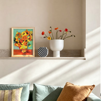Van Gogh Sunflowers button art displayed as classic wall decor in a cozy living room
