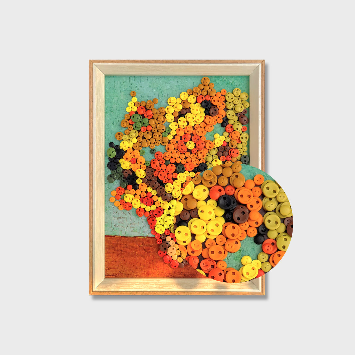 Close-up of Van Gogh Sunflowers button art showing layered yellow buttons and textured floral details