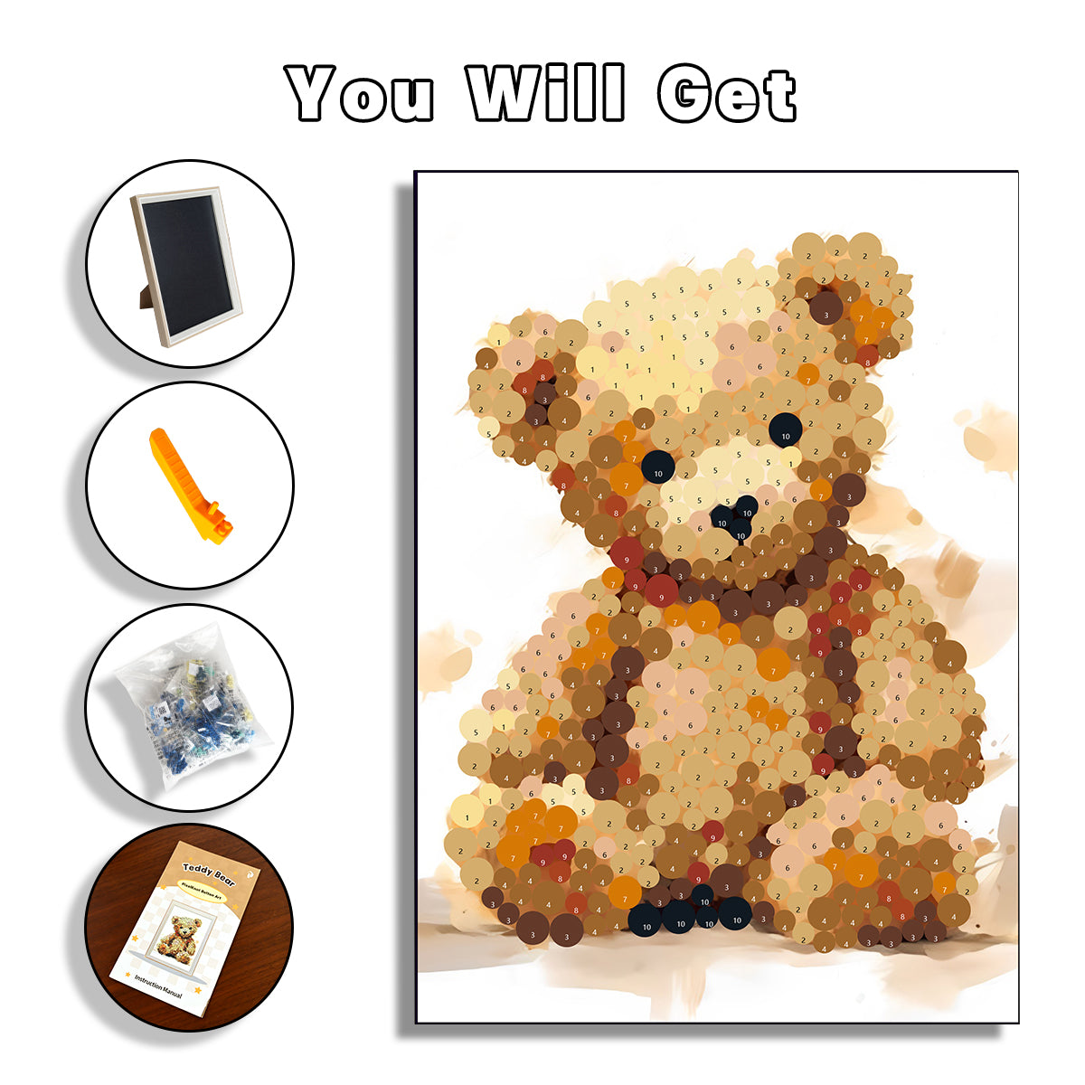 Teddy Bear Button Art DIY kit with artwork board, colorful buttons, frame, and craft supplies