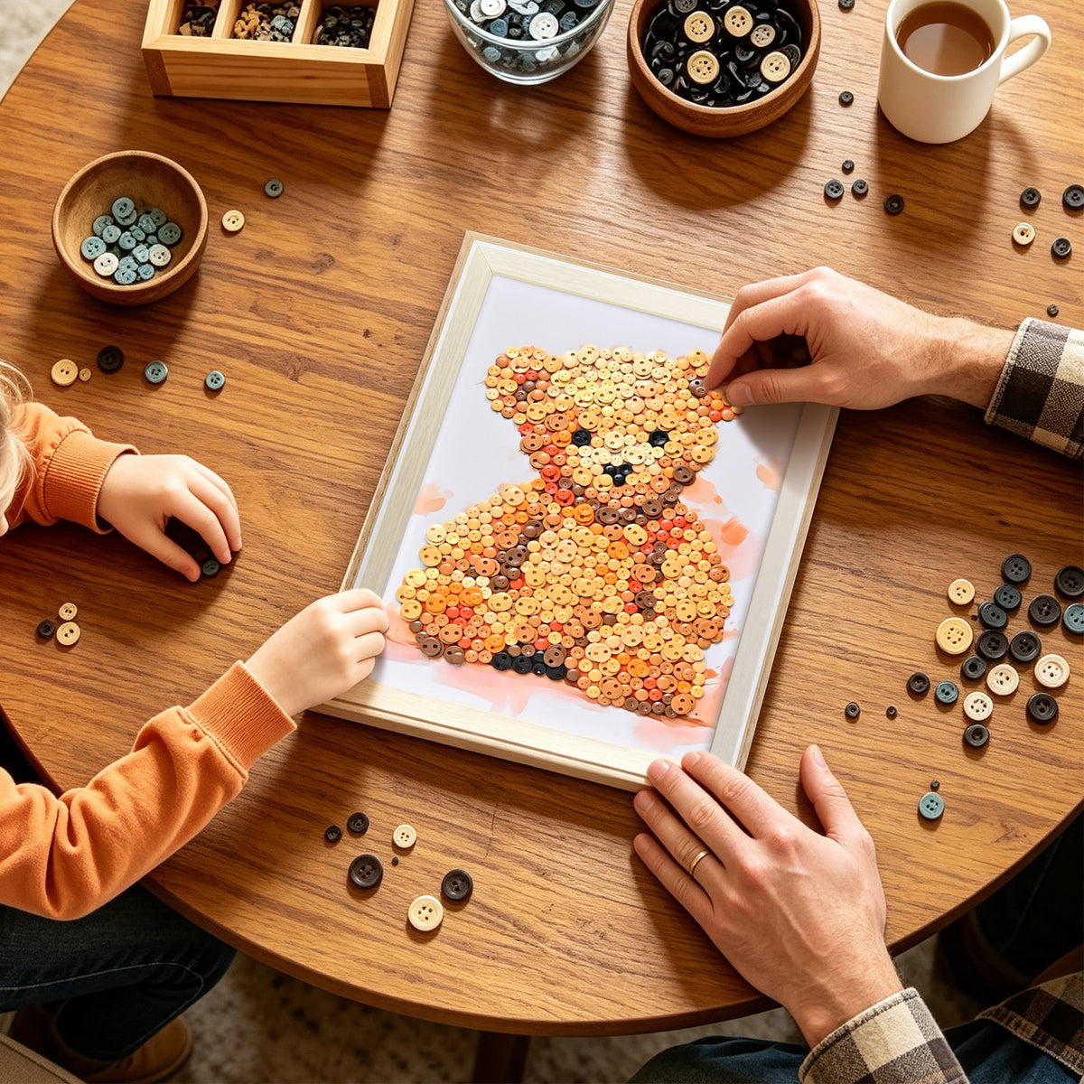 Person creating Teddy Bear Button Art with a DIY kit as a relaxing craft project