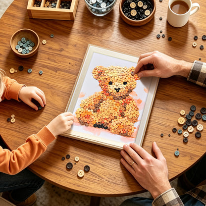 Person creating Teddy Bear Button Art with a DIY kit as a relaxing craft project