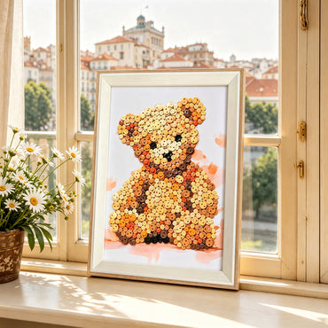 Teddy Bear Button Art displayed as cozy wall decor in a warm home interior