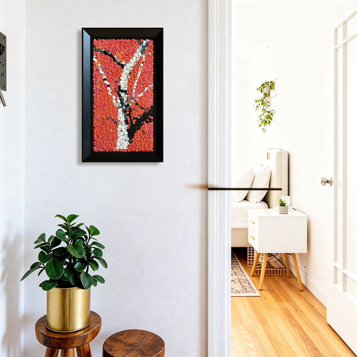 The Feigenbaum vor roter Erde button artwork featured as nature-inspired home decor