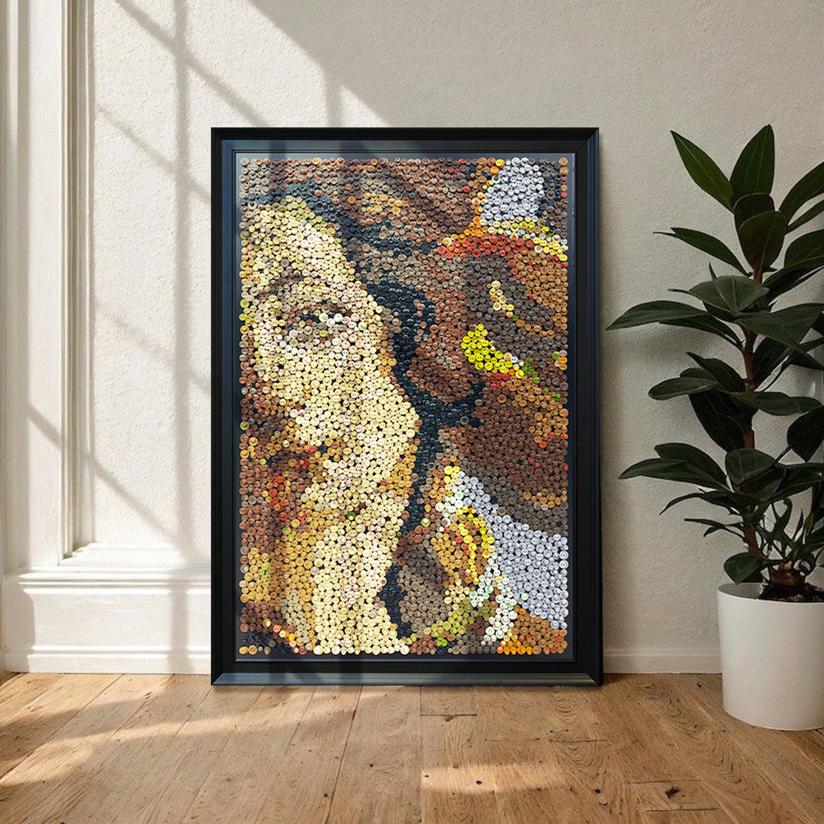 The Birth of Venus button art displayed as classical wall decor in a cozy living room