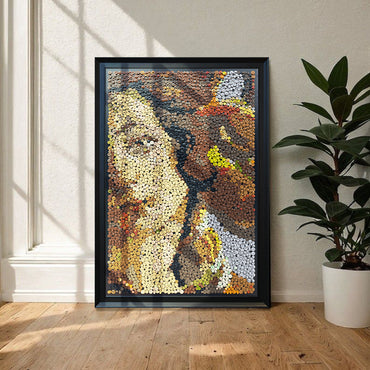 The Birth of Venus button art displayed as classical wall decor in a cozy living room