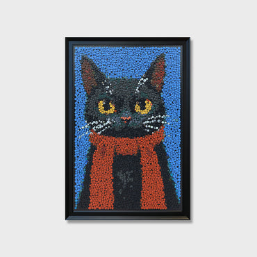 The Dark Lord button art featuring a stylized black cat with simple linework and a red scarf