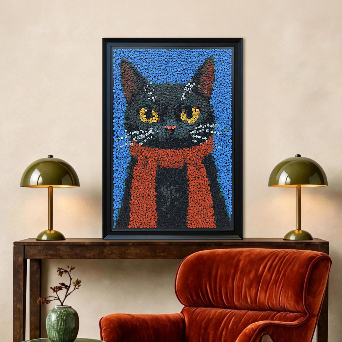 The Dark Lord button art displayed as unique animal wall decor in a cozy living room