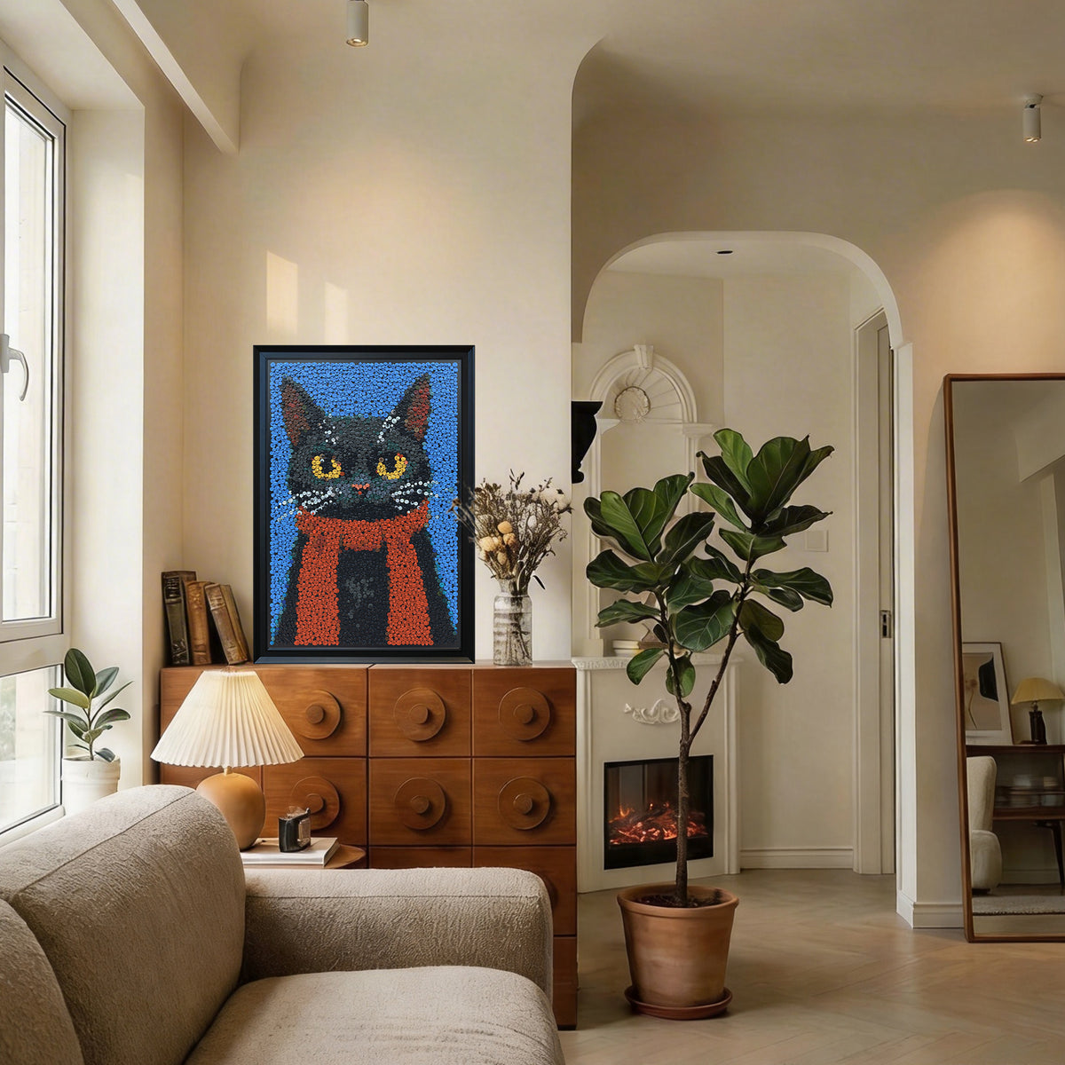 The Dark Lord button art displayed as statement animal wall decor in a modern interior