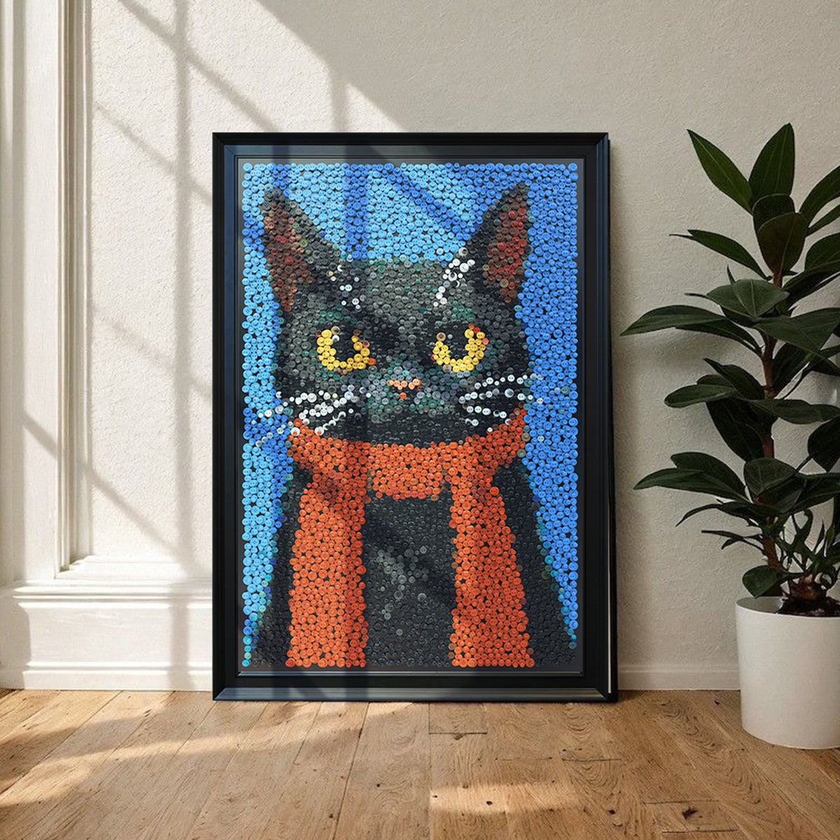The Dark Lord textured button artwork displayed as distinctive cat wall decor in a contemporary home