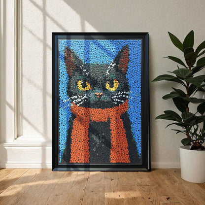 The Dark Lord textured button artwork displayed as distinctive cat wall decor in a contemporary home