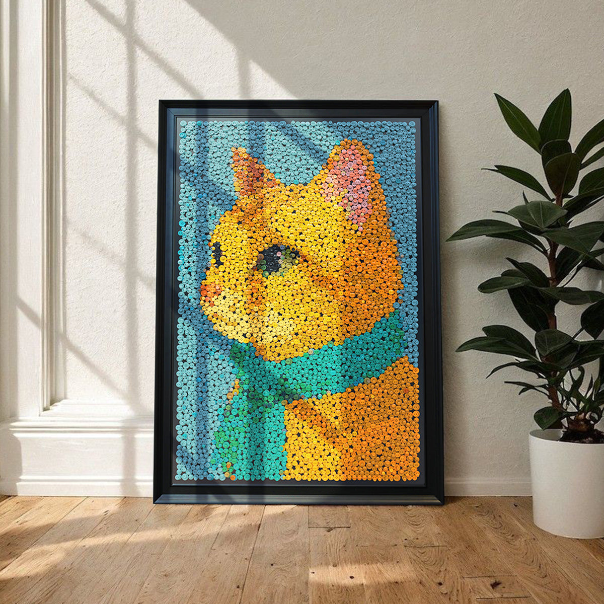 The Golden Duke textured button artwork displayed as distinctive cat wall decor in a contemporary home