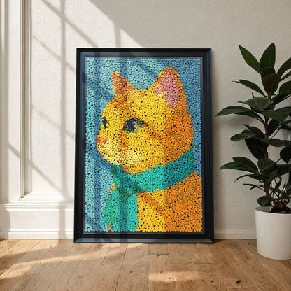 The Golden Duke textured button artwork displayed as distinctive cat wall decor in a contemporary home