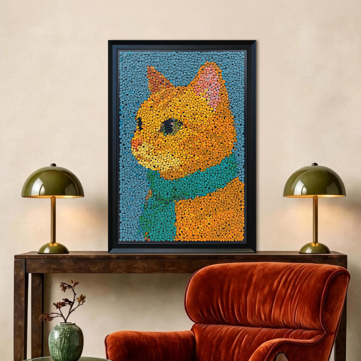 The Golden Duke button art displayed as unique animal wall decor in a cozy living room