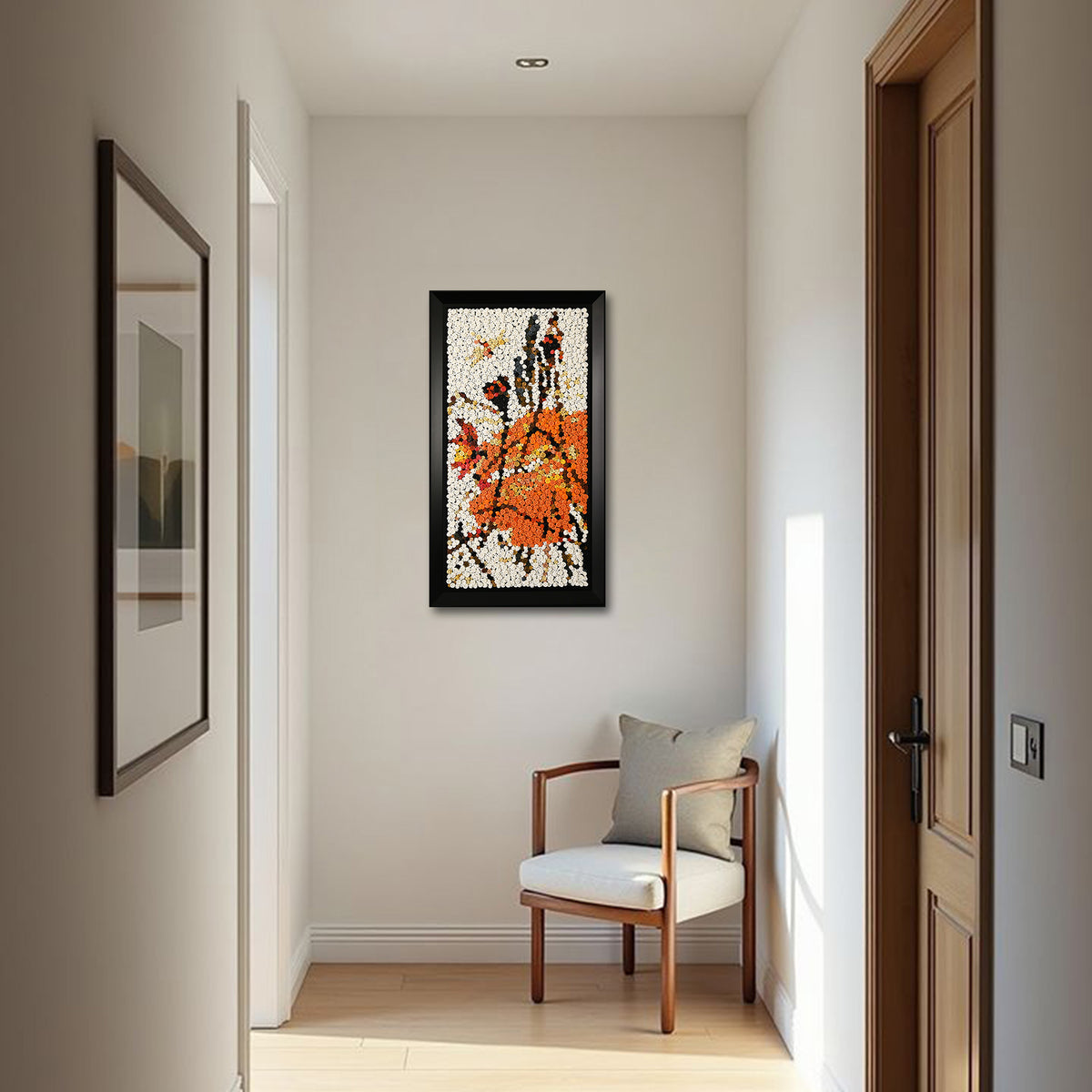 The Lotus and Dragonfly textured wall art inspired by Qi Baishi displayed in a stylish home interior