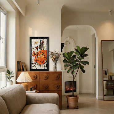 The Lotus and Dragonfly button art displayed as elegant botanical wall decor in a cozy living room