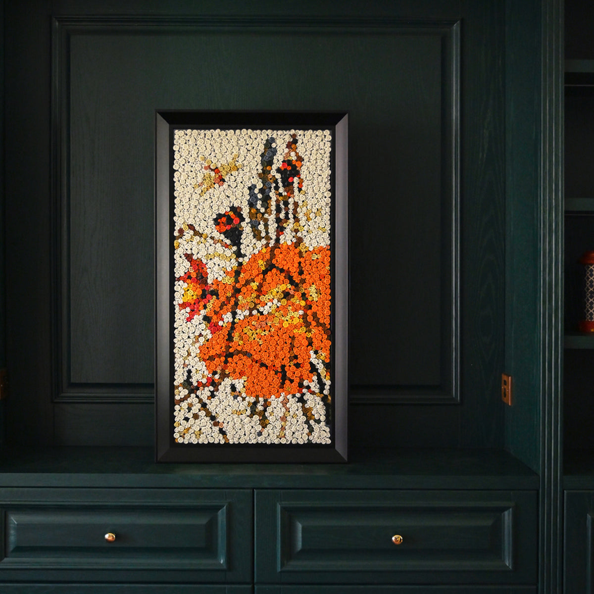 The Lotus and Dragonfly button artwork featured as traditional Chinese-inspired home decor