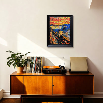 The Scream button art displayed as statement expressionist wall decor in a modern interior