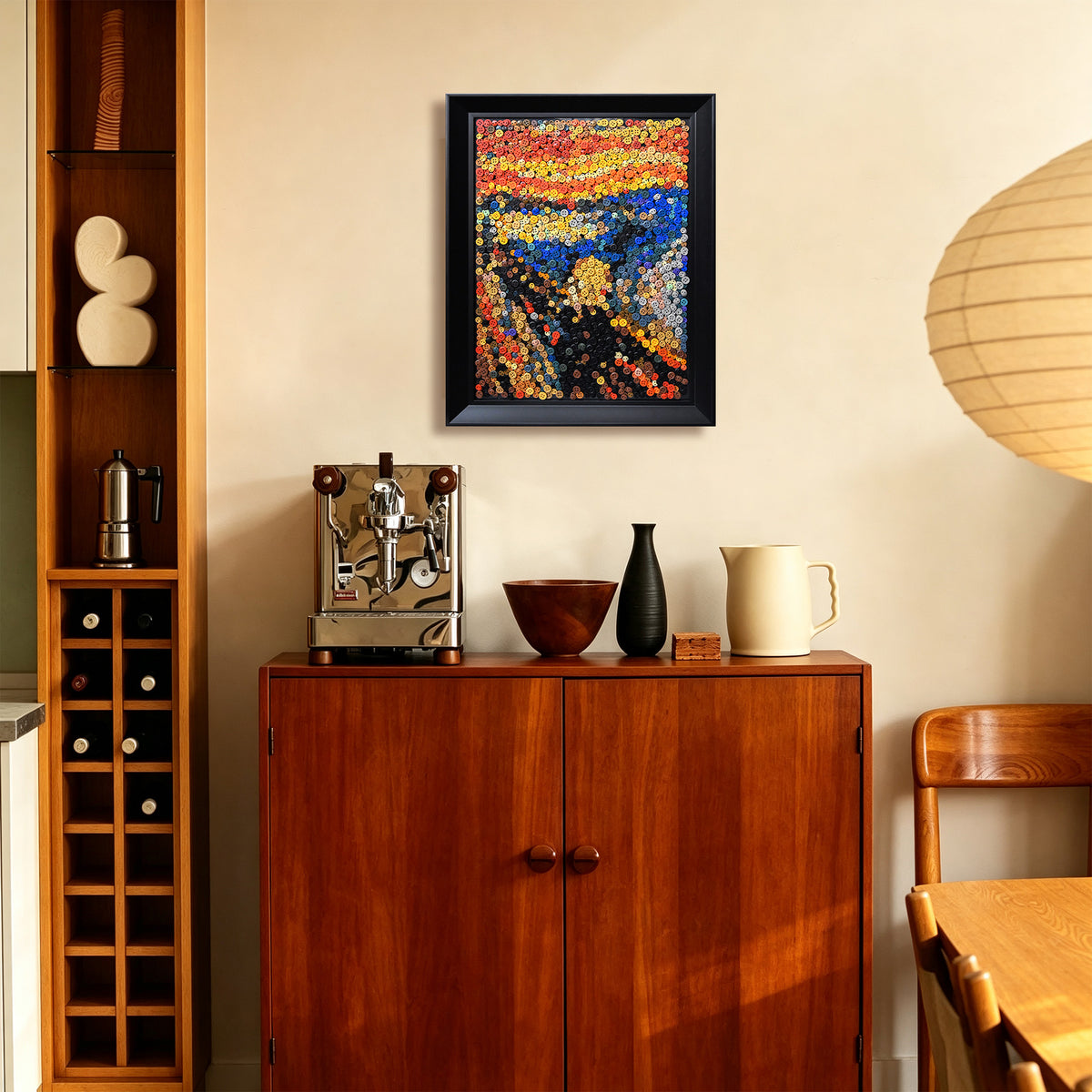 The Scream textured button artwork featuring a dramatic expressionist composition inspired by Edvard Munch displayed in a contemporary home