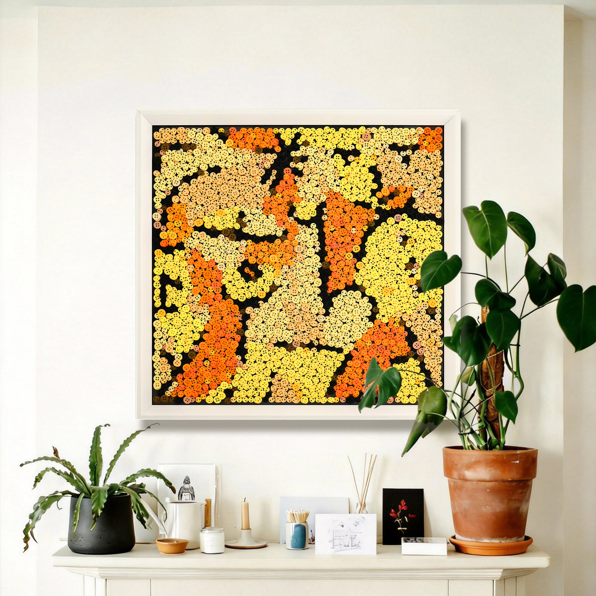 The Signes en Jaune button art displayed as statement abstract wall decor in a modern interior