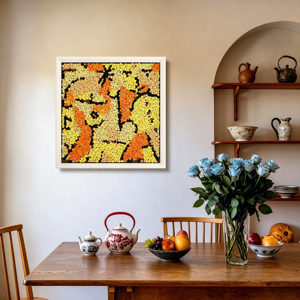 The Signes en Jaune textured button artwork featuring vibrant yellow abstract details displayed in a contemporary home