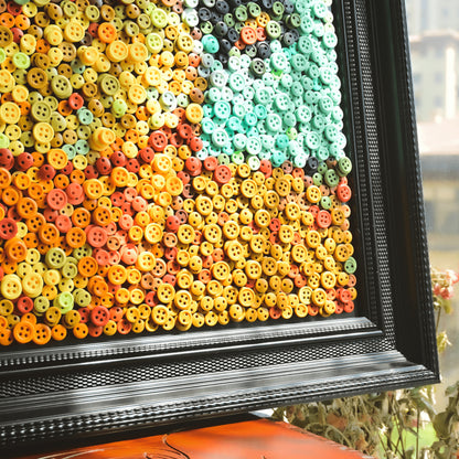 The Sunflower button art displayed as statement floral wall decor in a modern interior