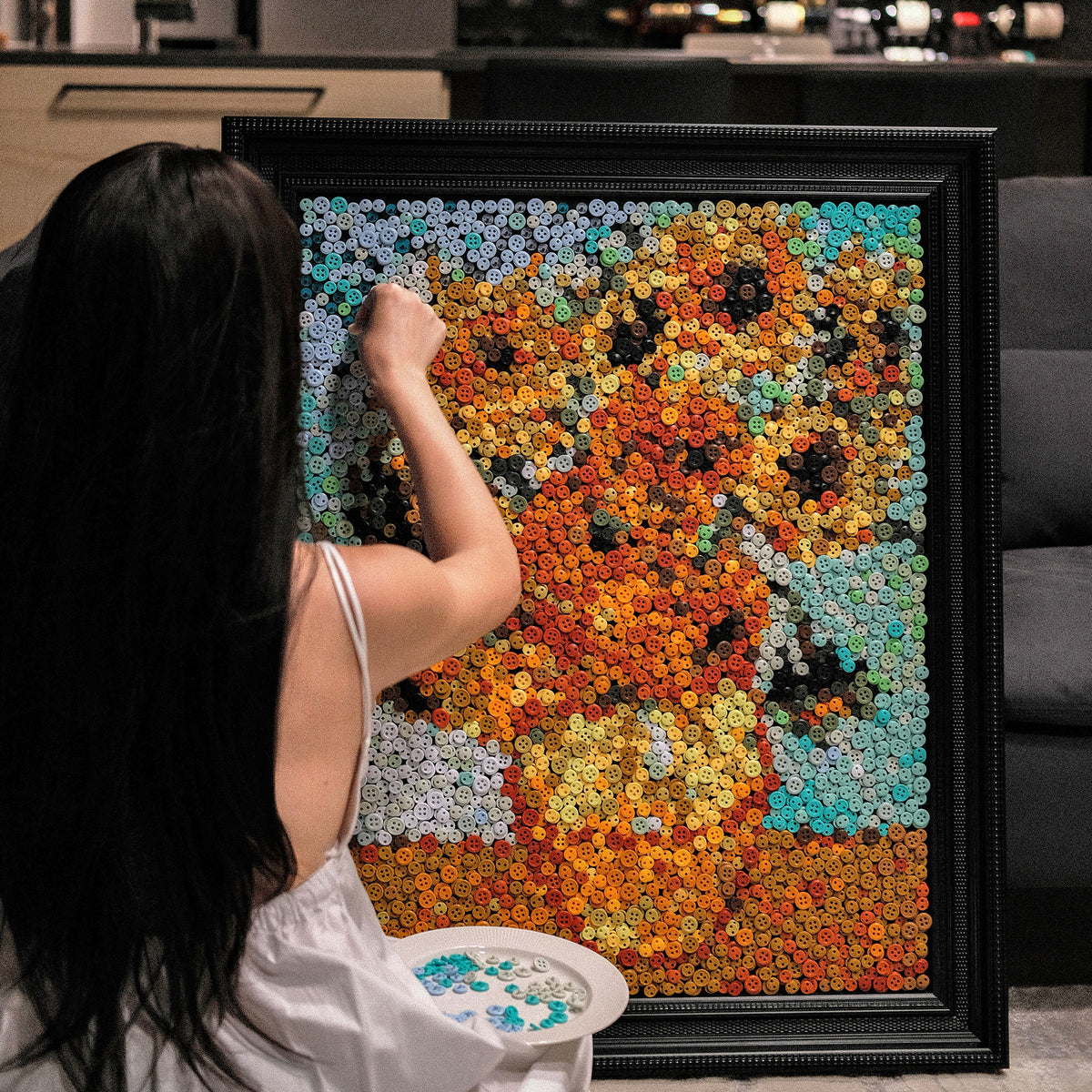 The Sunflower button art displayed as warm floral wall decor in a cozy living room