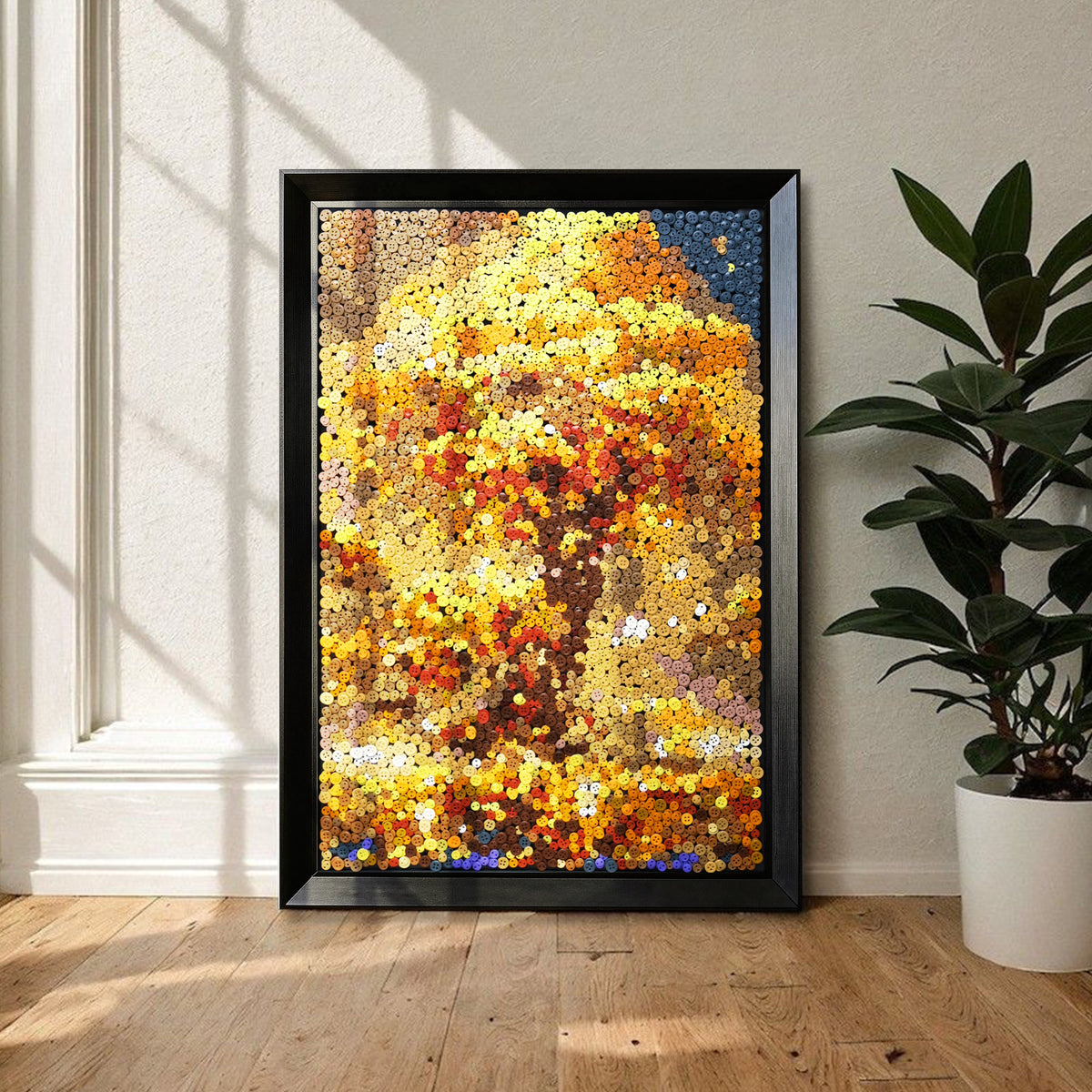 Tree of Abundance button art displayed as elegant nature-inspired wall decor in a cozy living room