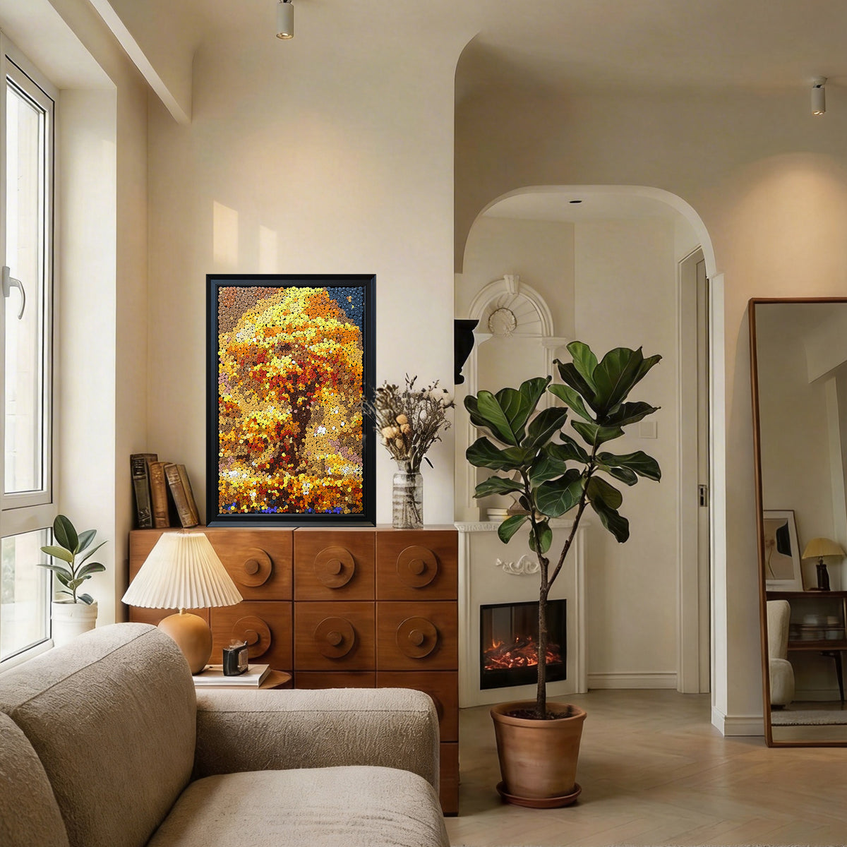 Tree of Abundance textured wall art displayed in a stylish home interior