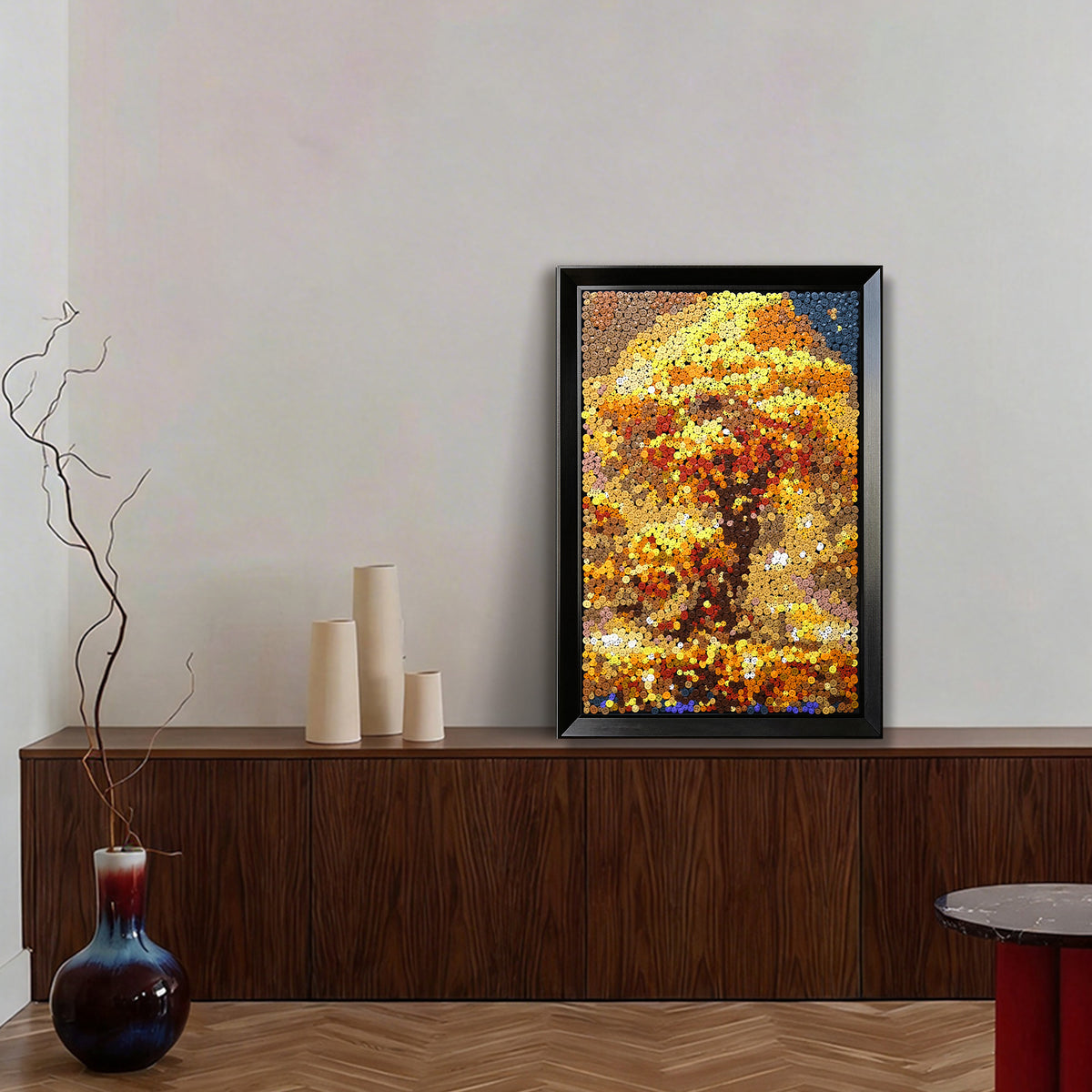 Tree of Abundance button art displayed as statement nature wall decor in a modern interior