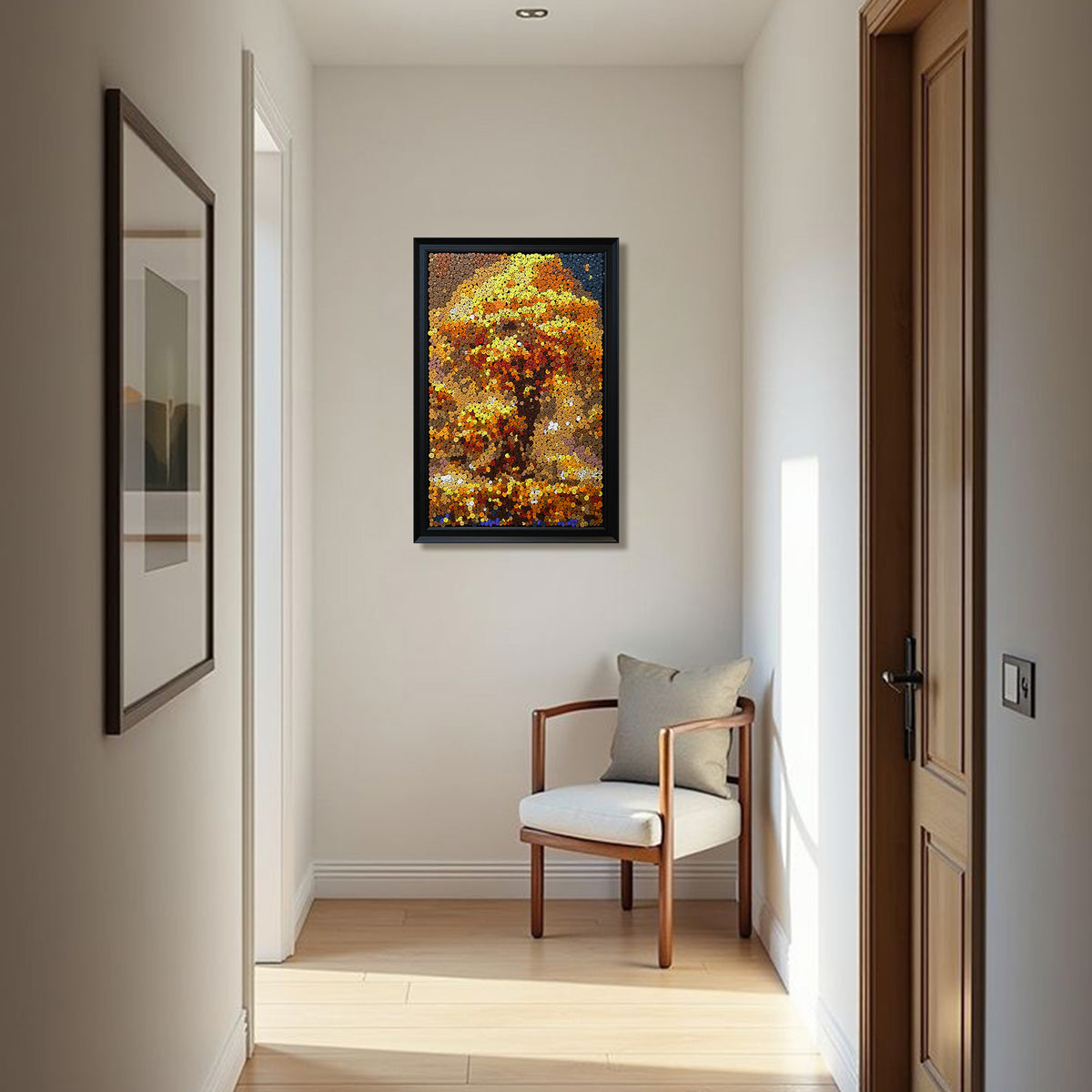 Tree of Abundance textured button artwork featuring a flourishing tree symbolizing prosperity, growth, and abundance in a contemporary home