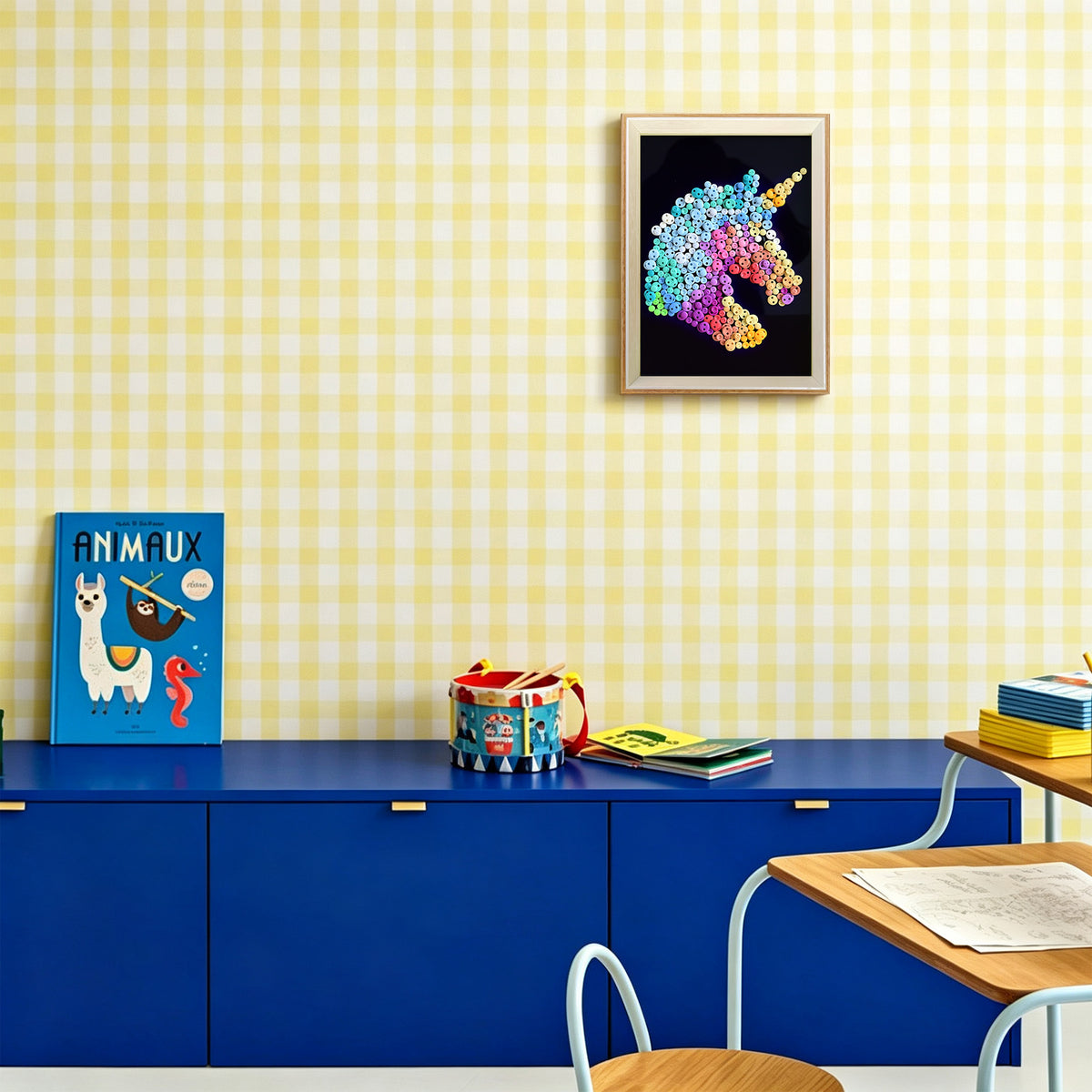 Unicorn button artwork adding a colorful magical touch to a room