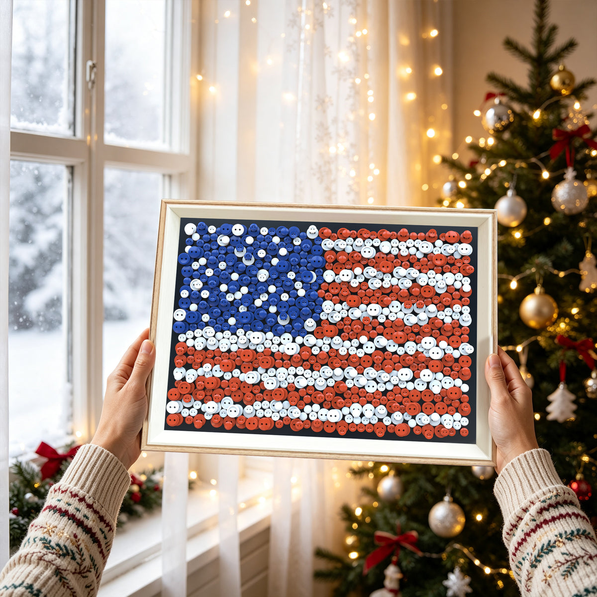 United States Flag button art framed artwork displayed near a lit holiday Christmas