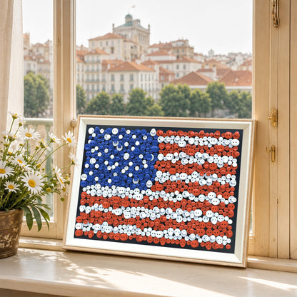United States Flag button art in pale wood frame displayed in a bright modern home interior