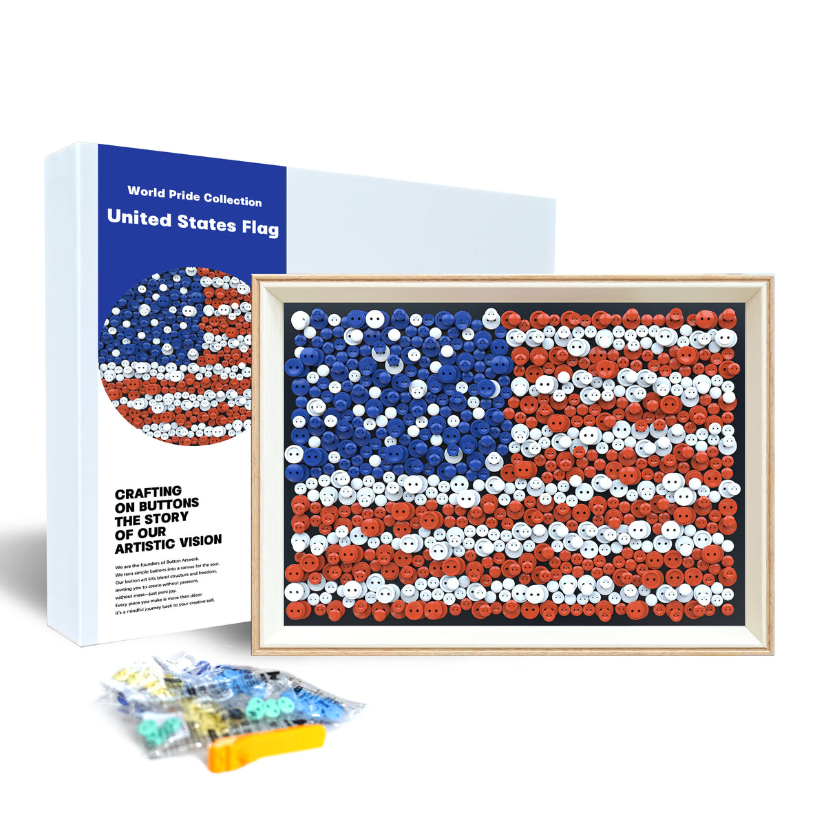 United States Flag button art DIY kit shown in its product packaging with craft supplies