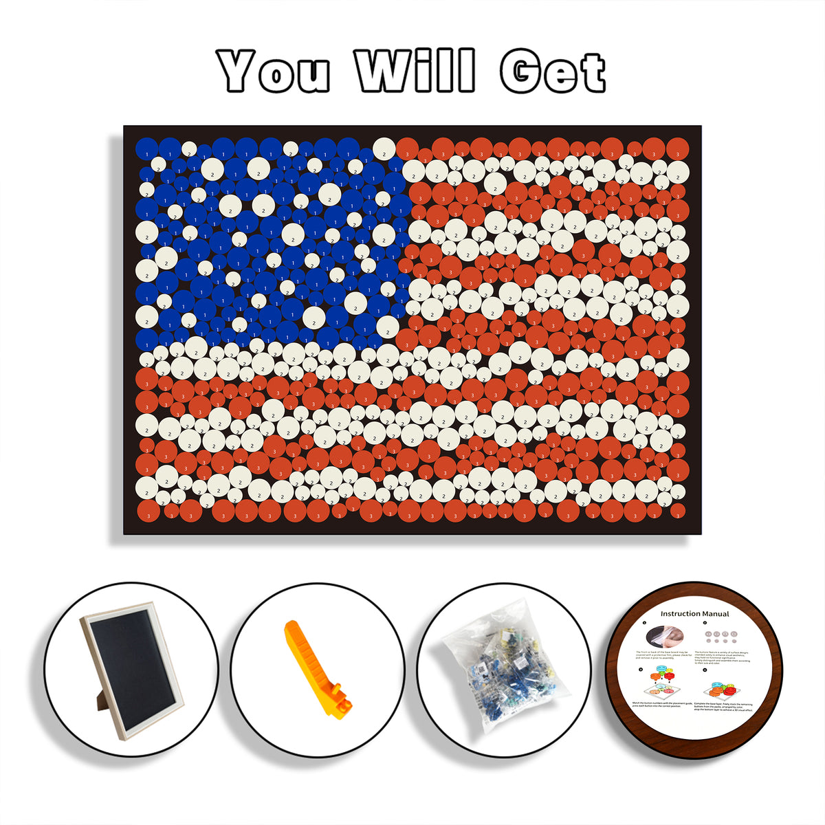 United States Flag DIY kit with artwork board, colorful buttons, frame, and craft supplies