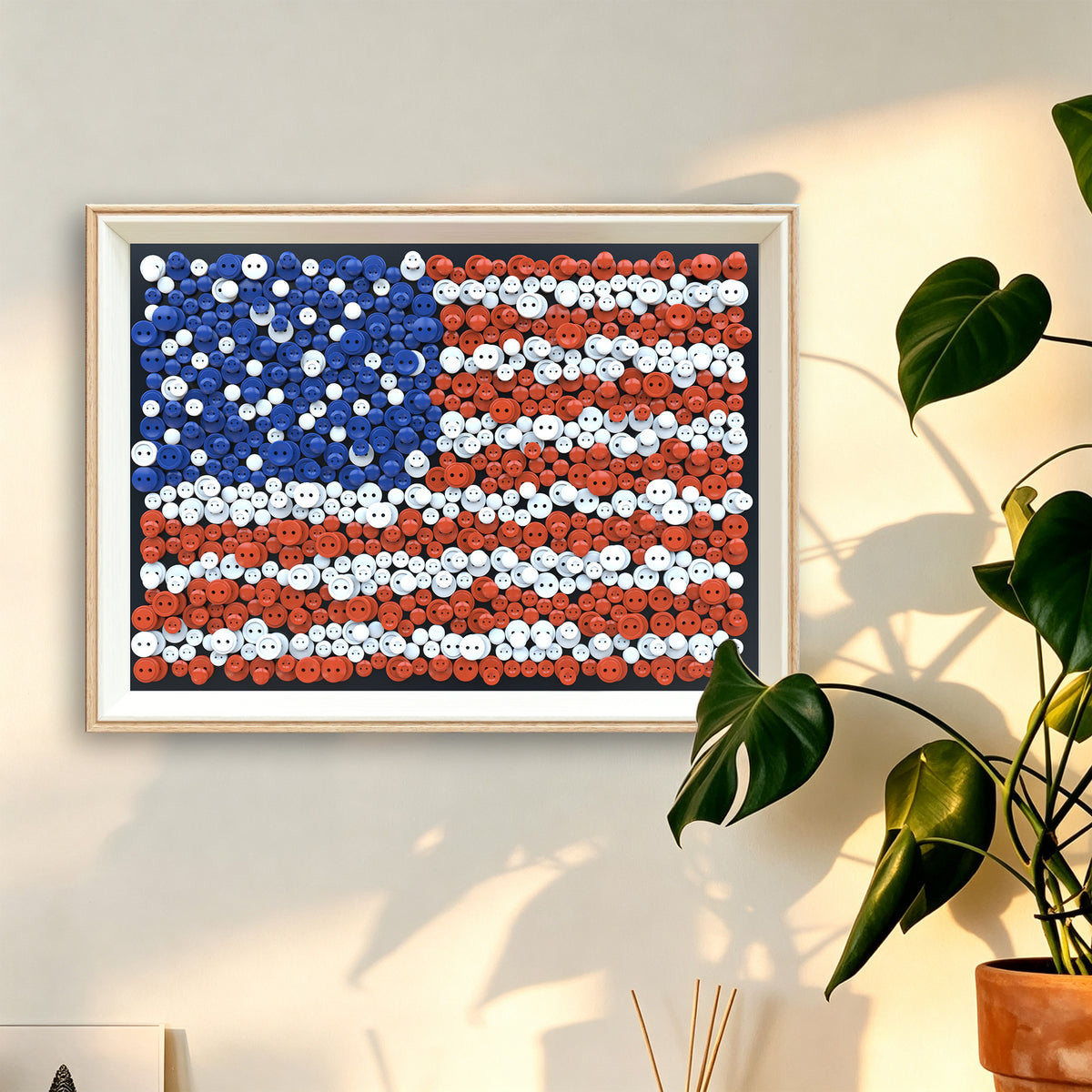 United States Flag button art piece displayed as textured wall decor in a cozy living room