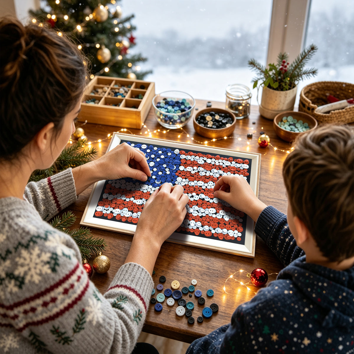 Creating United States Flag Button Art with colorful buttons as a relaxing craft project