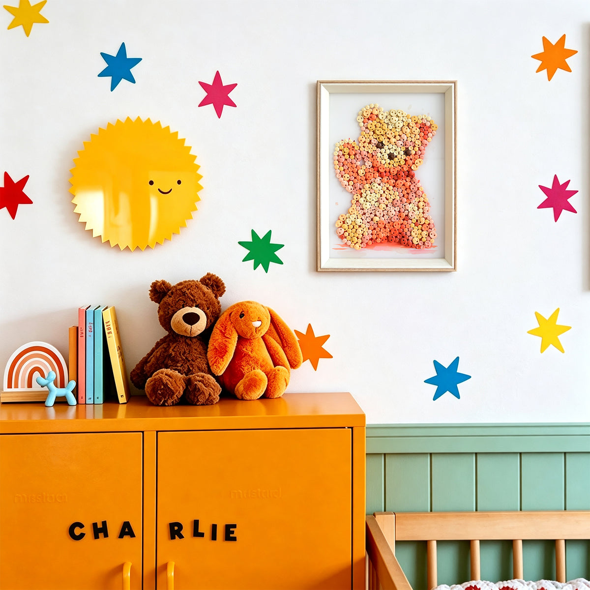 Valentine Bear button art displayed as unique Valentine's Day wall decor in a modern interior
