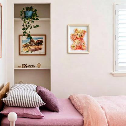 Valentine Bear button art displayed as romantic Valentine's Day wall decor in a cozy living room