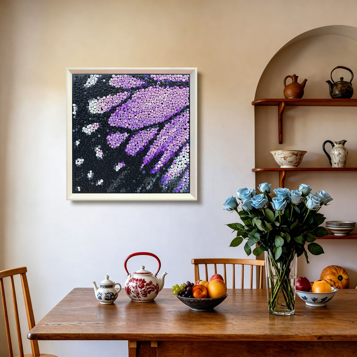Velvet Wings button art displayed as elegant butterfly wall decor in a cozy living room