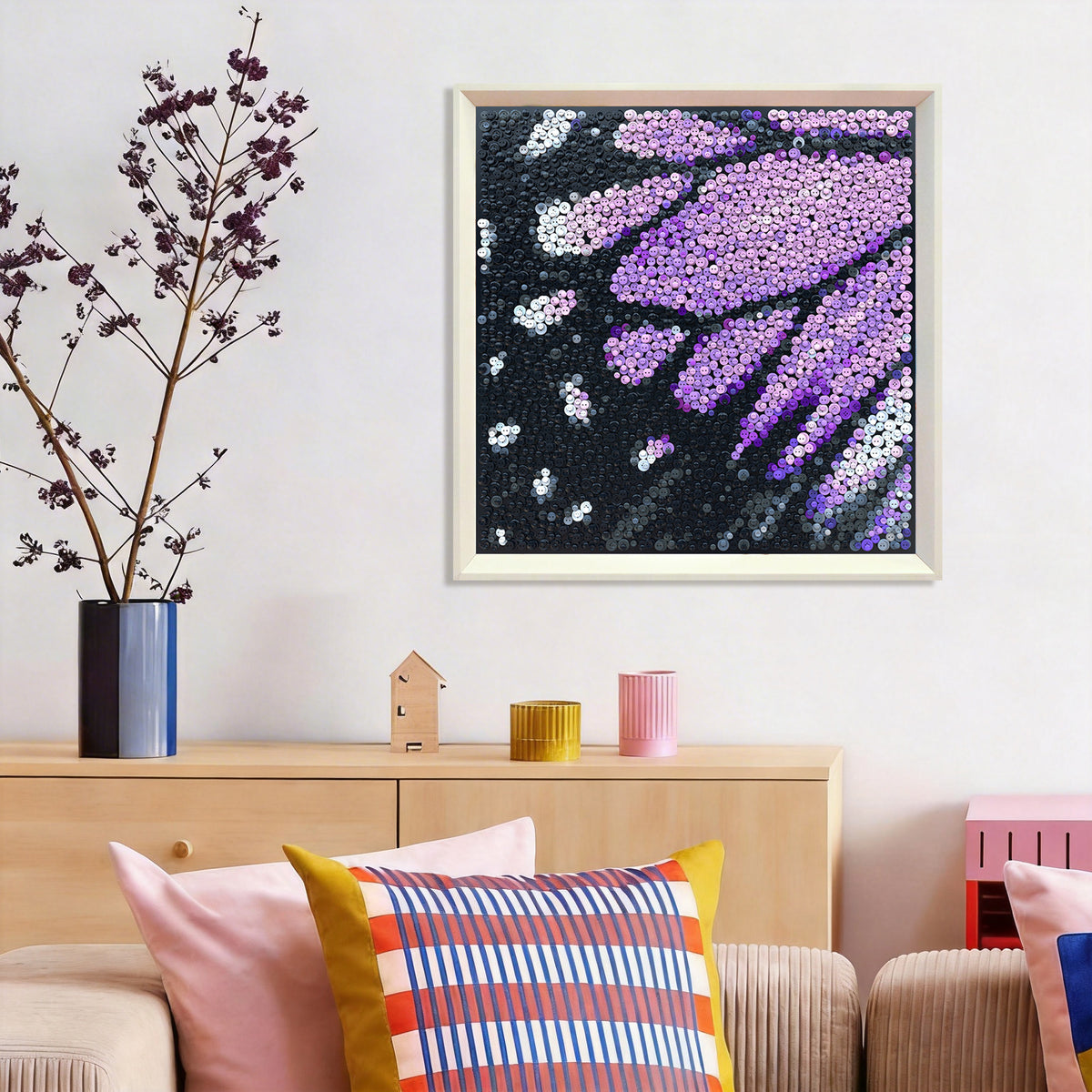 Velvet Wings wall art adding a rich purple artistic touch to a room