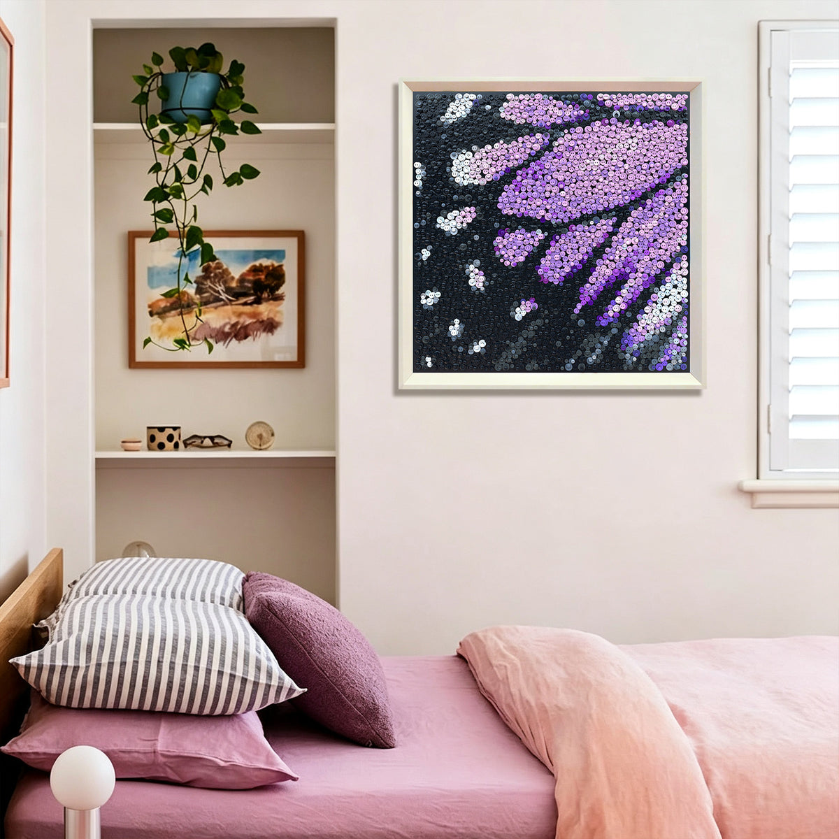 Velvet Wings button art displayed as statement butterfly wall decor in a modern interior